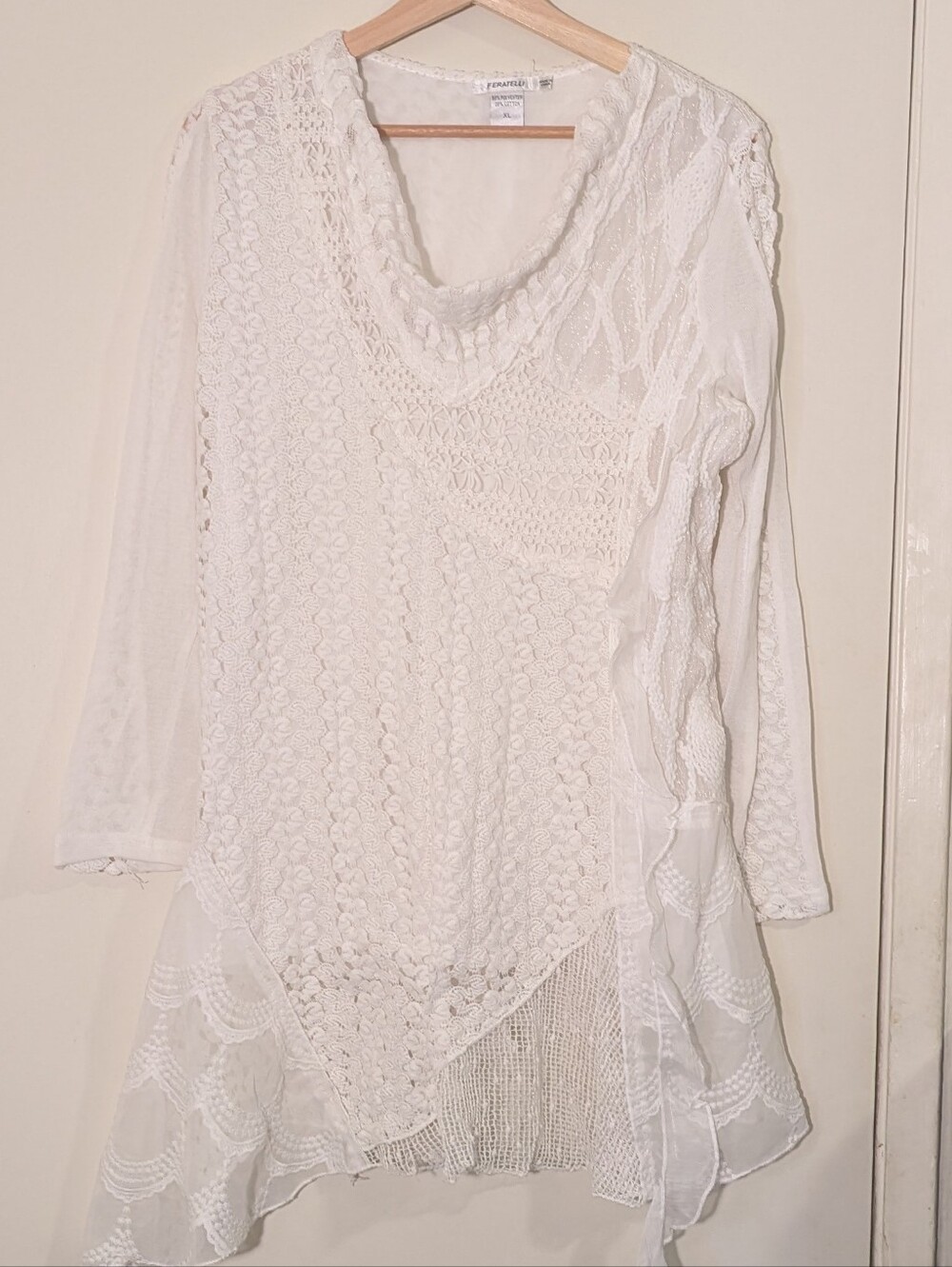 Boho White Crochet Lace Tunic Top, XL